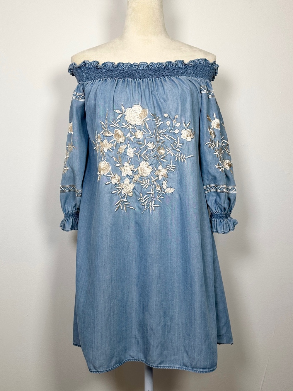 Embroidered Off-Shoulder Denim Dress | XS